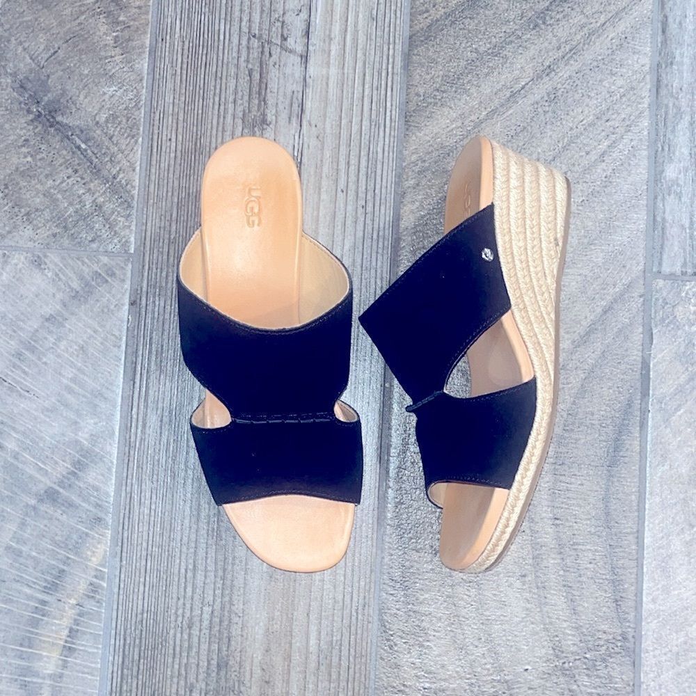 UGG black suede leather 2.5” wedge sandals